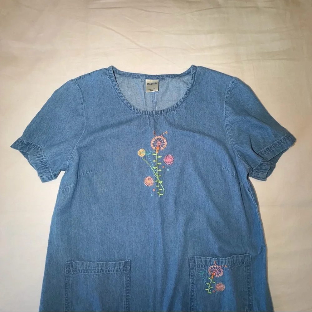 Denim Embroidered Floral Dress Blue Cottagecore Pockets Short Sleeve S - Picture 5 of 7